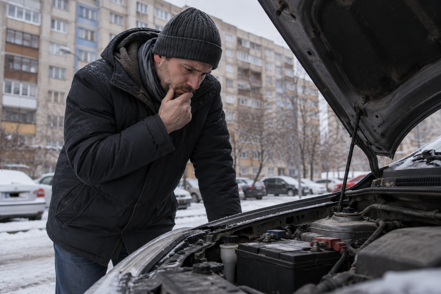 Autós a hideg téli reggelen az akkumulátort vizsgálja a nyitott motorháztető alatt